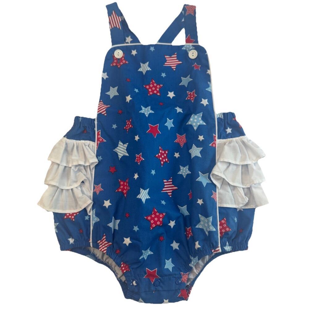 Posh Pickle Girls Sunsuit Romper Size 2 Patriotic Stars Ruffle 4th Of July
